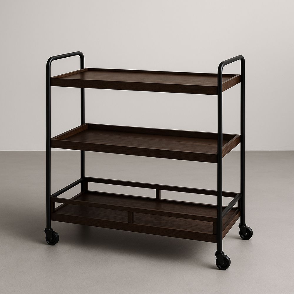 Chariot de Service 3 Niveaux en Bois et Métal Noir/Marron