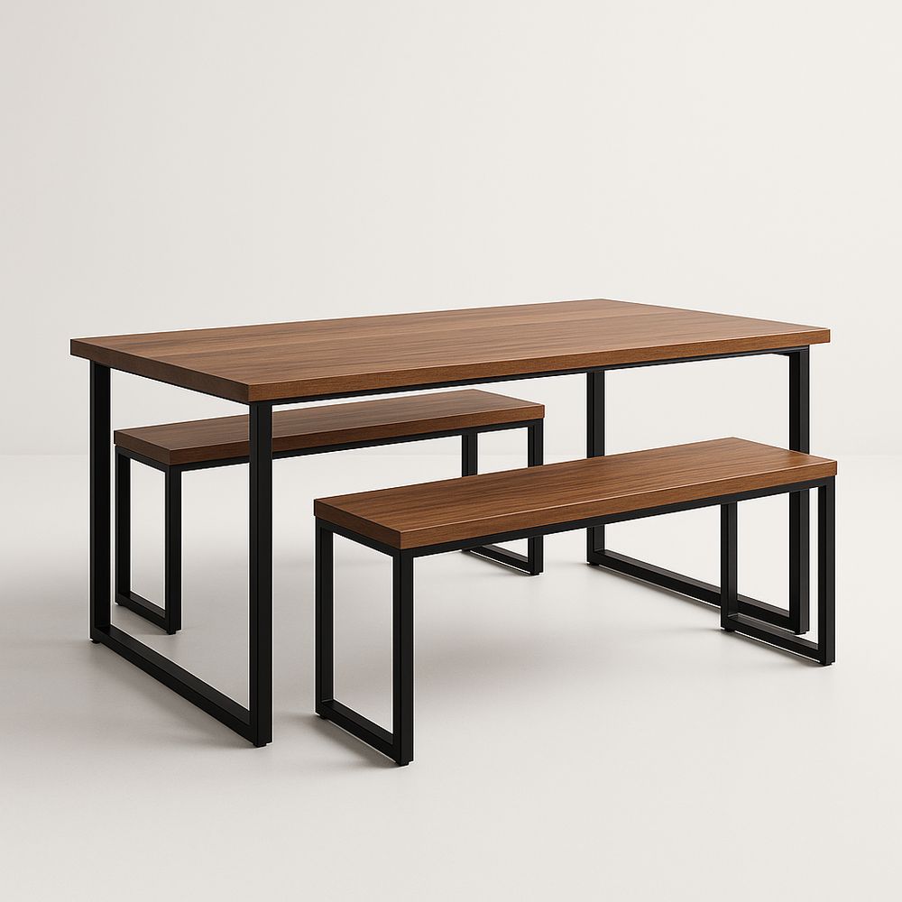 Ensemble table et bancs en bois et métal couleur Noyer/Noir