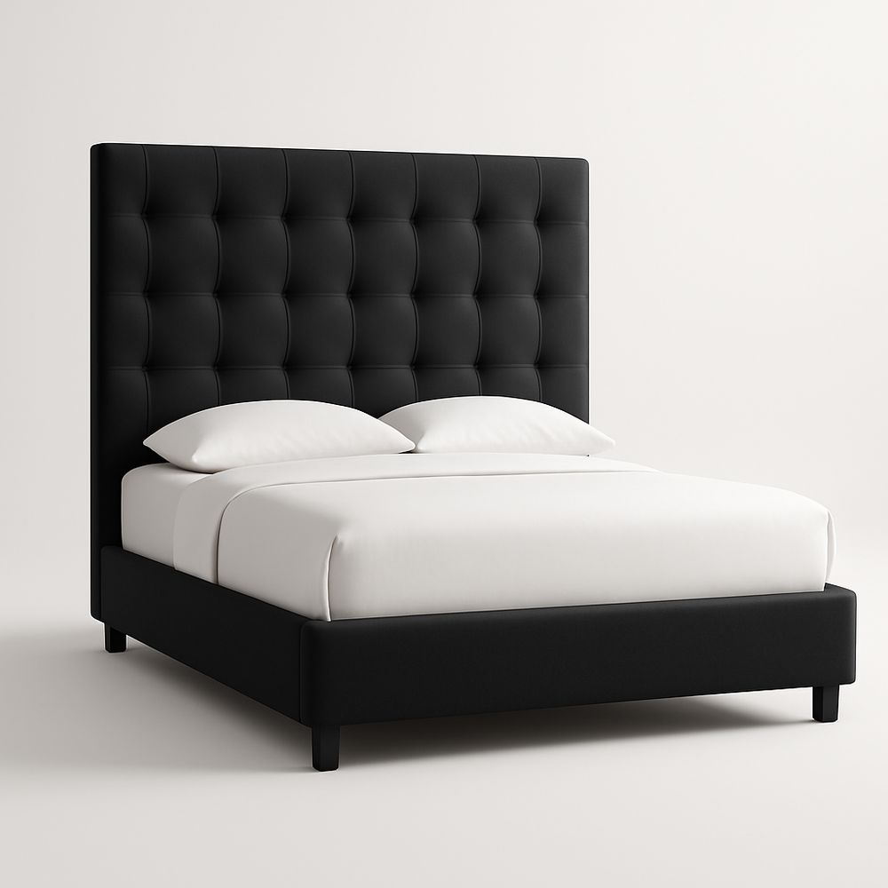 Lit Double en Bois et Tissu Noir 200cm x 160cm