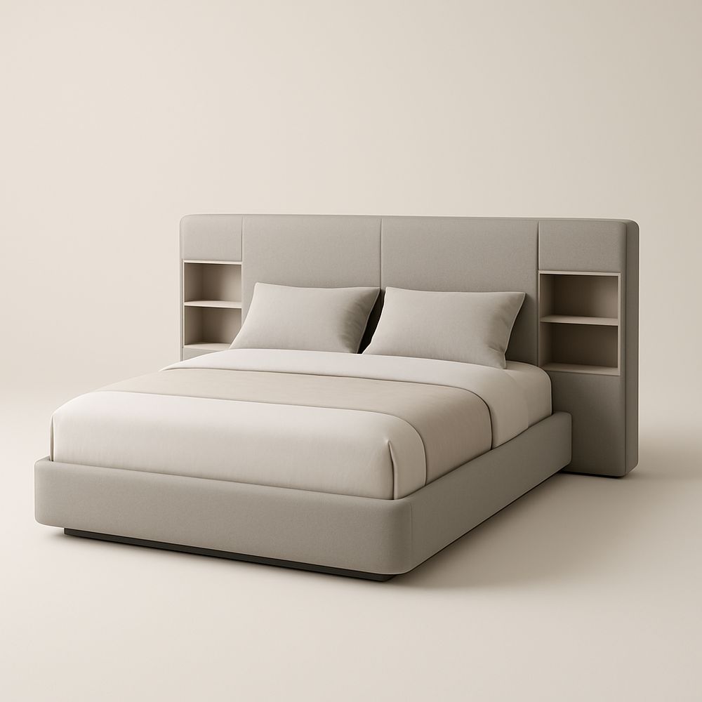 Lit tissu avec étagères intégrées beige 200x160 cm