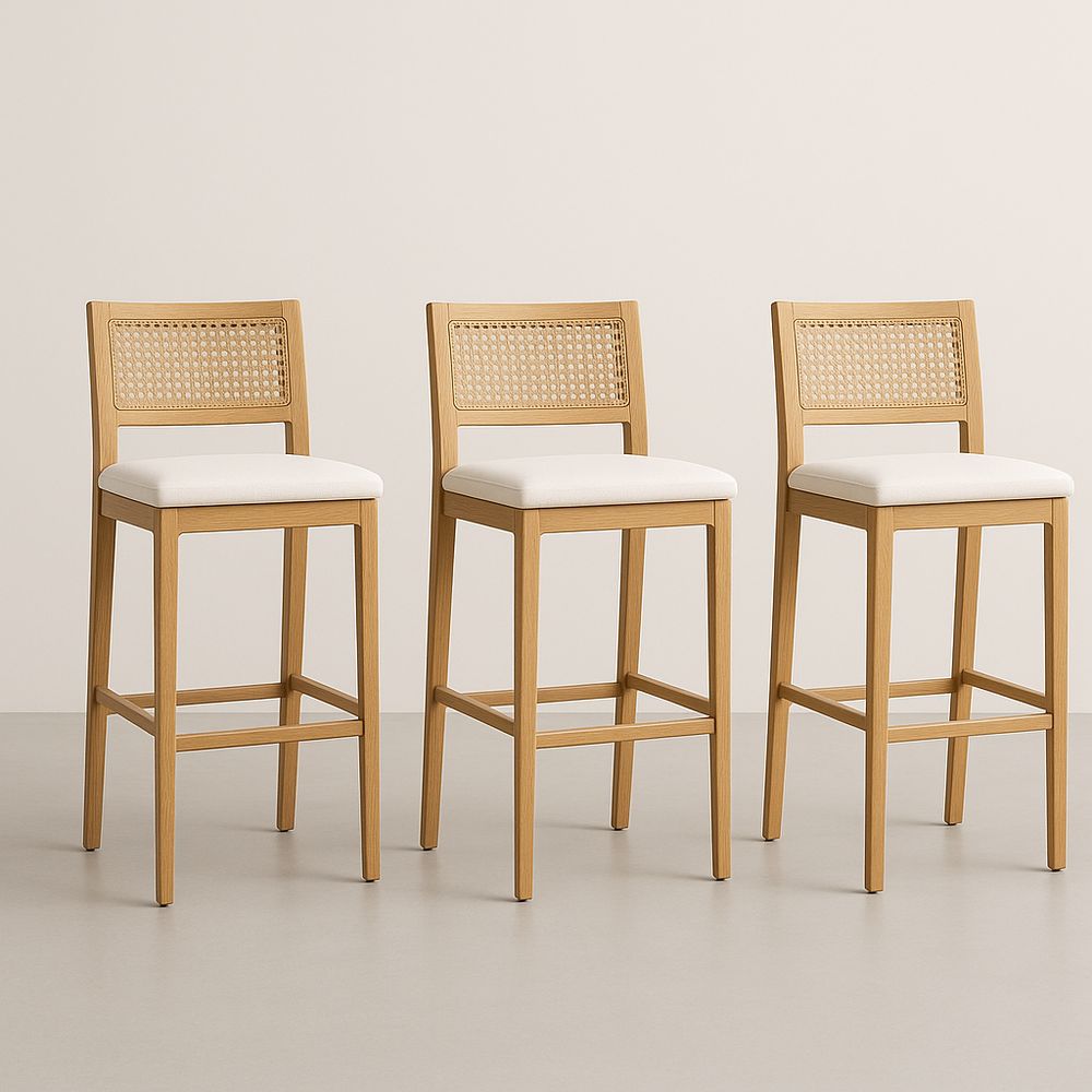 Tabourets de bar en bois et rotin lot de 3