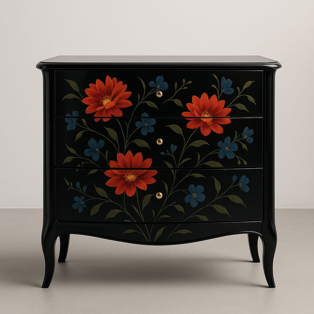 Commode en bois massif peinte à la main 3 tiroirs noir