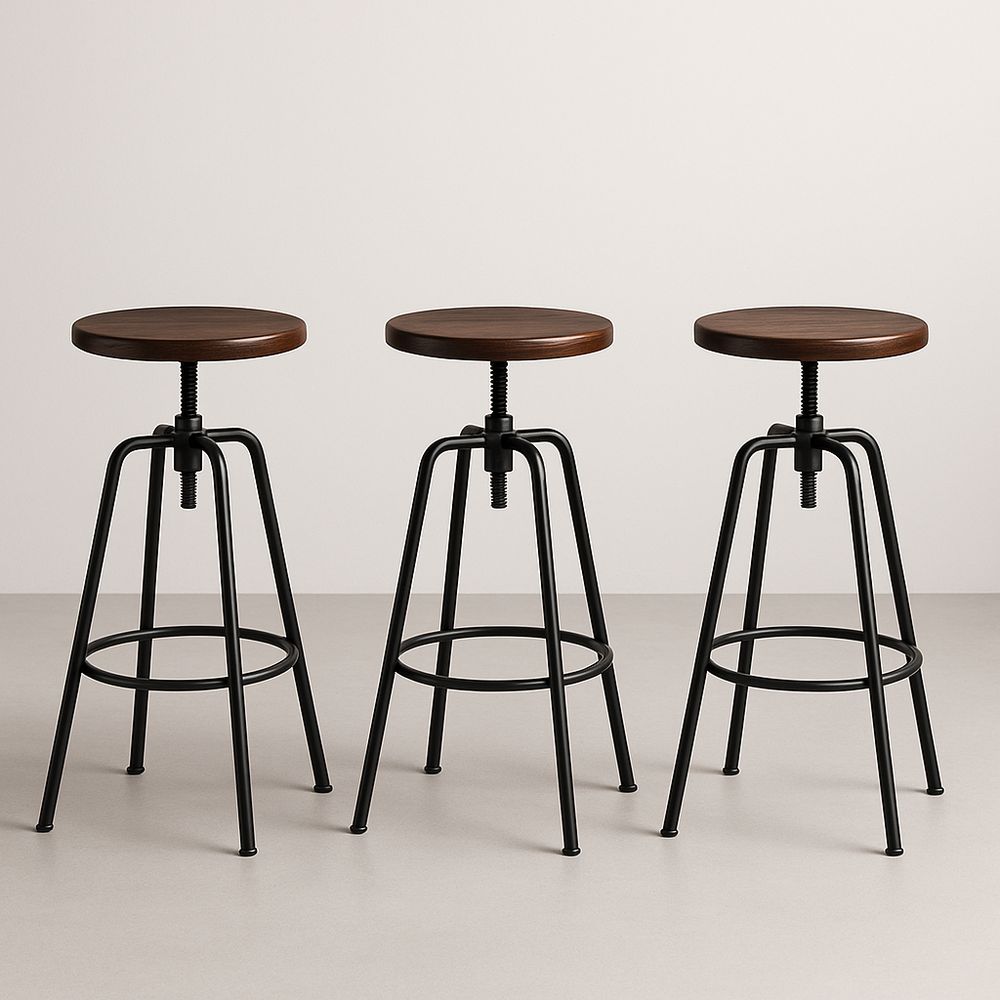 Tabourets réglables en métal et bois, ensemble de 3, assise ronde marron