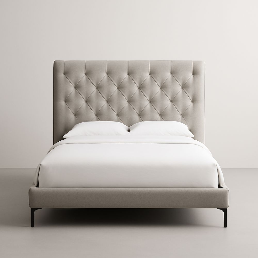 Lit Double avec Tête de Lit Capitonnée en Tissu Gris