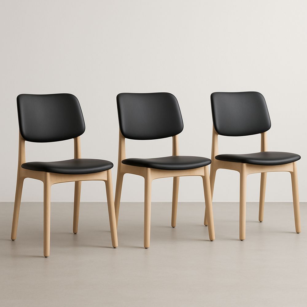 Lot de 3 Chaises en Bois et Cuir Synthétique Noir