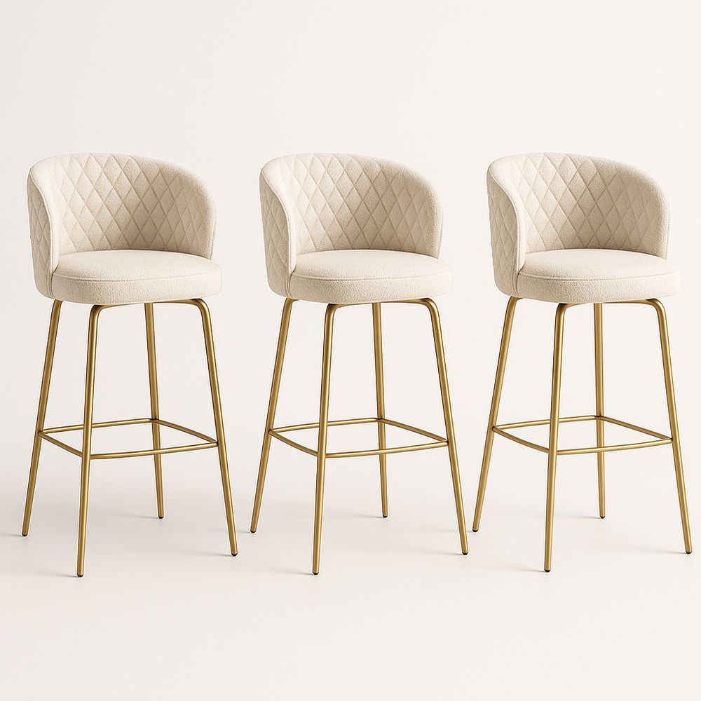 Lot de 3 Tabourets de Bar Tissu Beige et Métal Doré