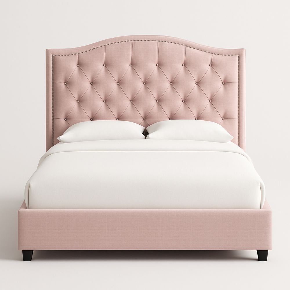 Lit double en bois avec tête de lit matelassée en polyester rose