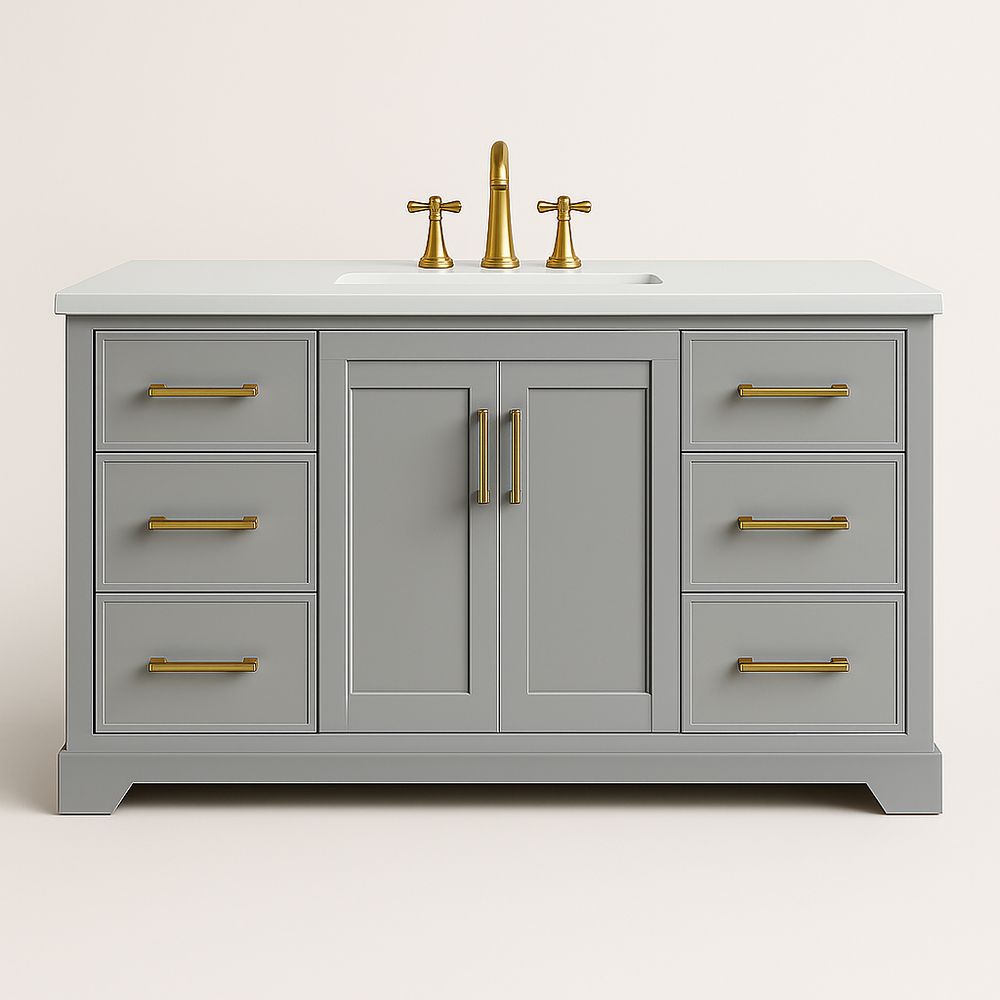 Meuble de salle de bain en bois 2 portes 6 tiroirs gris