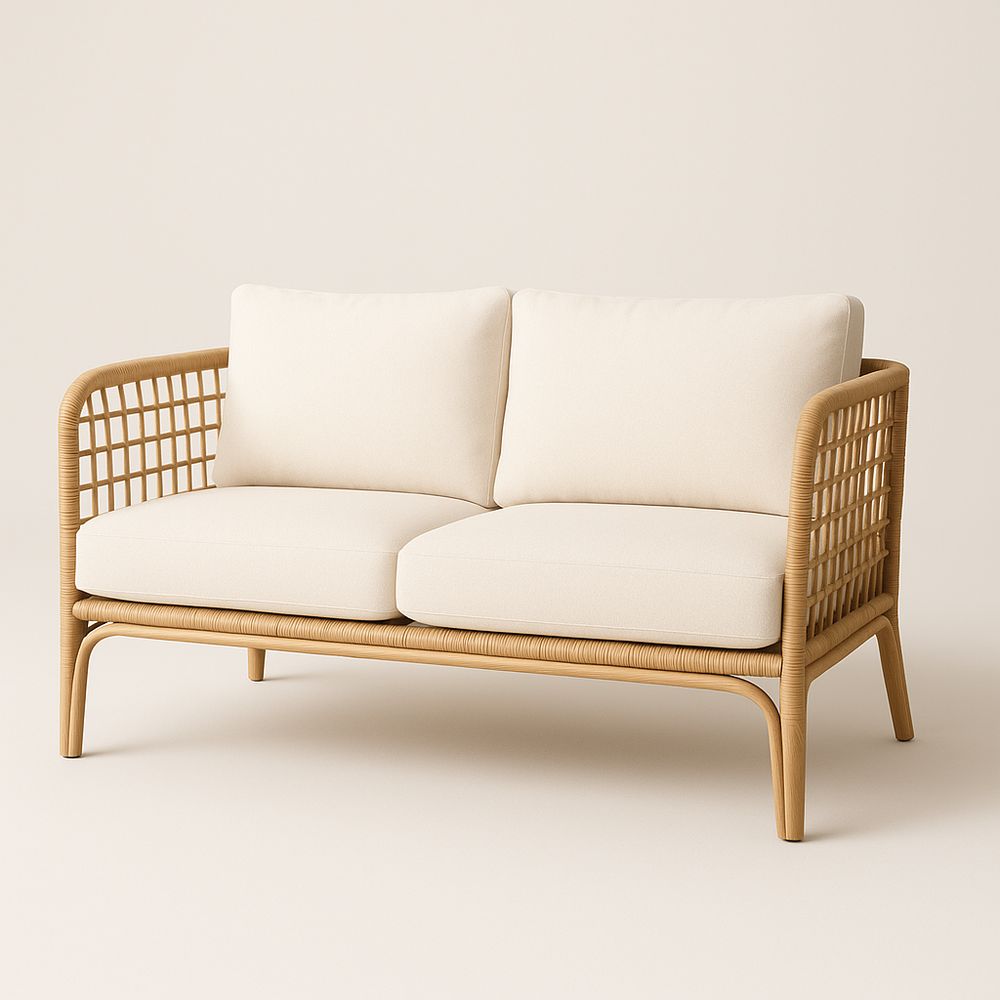 Canapé 2 Places en Rotin et Tissu Beige