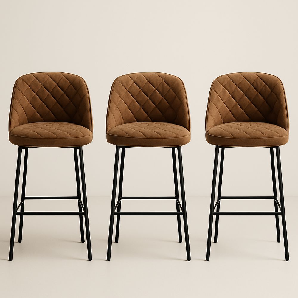 Lot de 3 Tabourets de Bar Velours Marron et Métal Noir