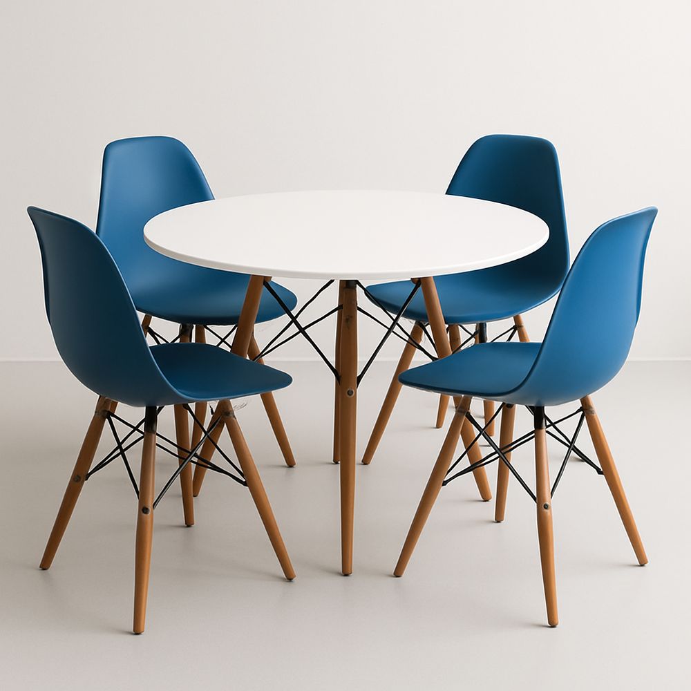 Table Ronde en MDF et Chaises en Plastique Bleu avec Pieds en Hêtre