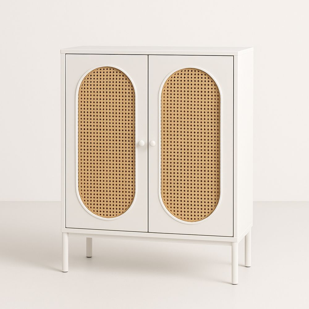 Buffet en bois MDF et rotin à deux portes blanc