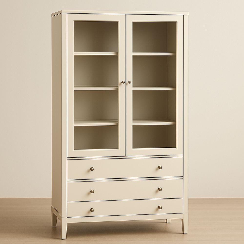 Armoire en bois avec portes en verre et tiroirs beige