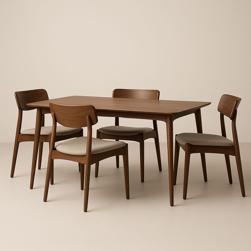 Table à manger en bois avec 4 chaises en tissu