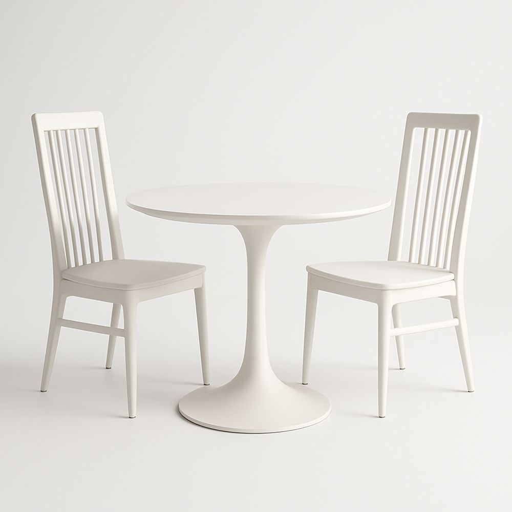 Table ronde avec deux chaises en plastique blanc