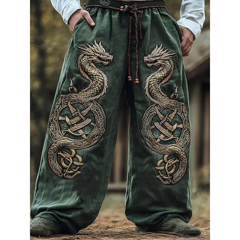 Vikingský styl 🛡️ vyšívané 🐉 dračí kalhoty 👖 – směs síly a individuality 💪✨
