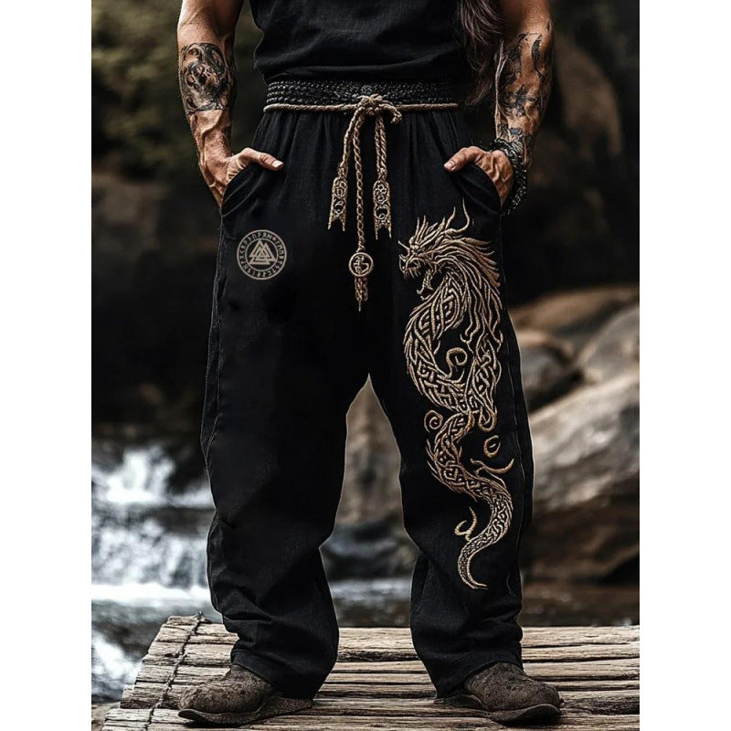 Vikingský styl 🛡️ vyšívané 🐉 dračí kalhoty 👖 – směs síly a individuality 💪✨