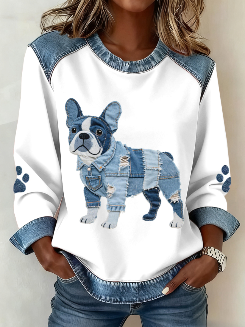 Women's Dachshund Pattern Denim Patchwork Art Sweatshirt