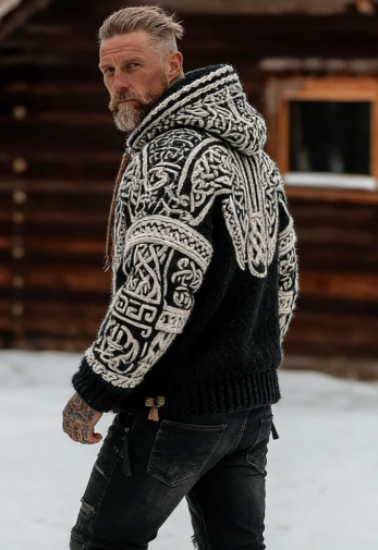 🧥 Pánská pletená vesta s kapucí a zipem s vikingským a keltským motivem
