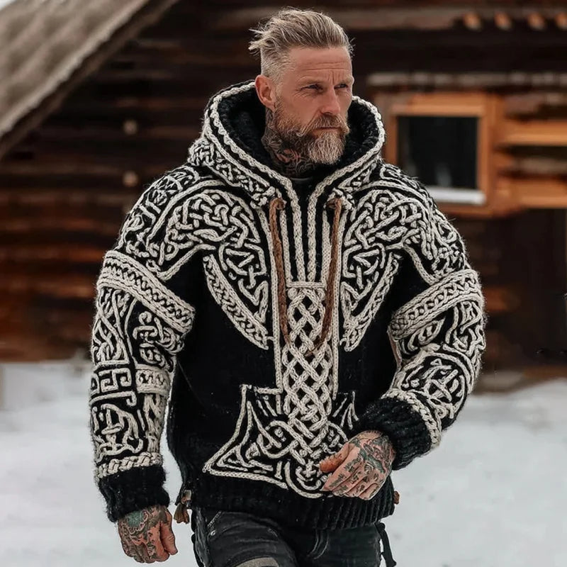 🧥 Pánská pletená vesta s kapucí a zipem s vikingským a keltským motivem