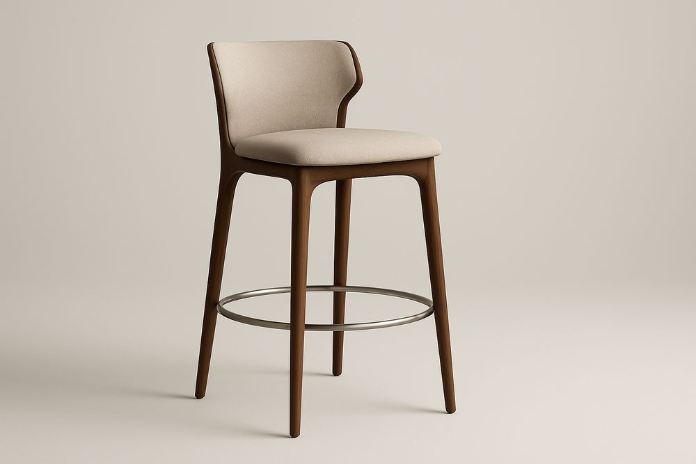 Tabouret Haut en Bois de Hêtre et Tissu Beige avec Repose-Pieds Métallique 75cm-Verdaflora