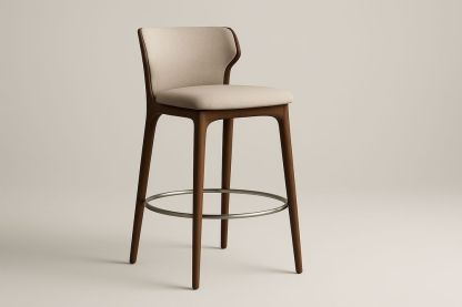 Tabouret Haut en Bois de Hêtre et Tissu Beige avec Repose-Pieds Métallique 75cm-Verdaflora