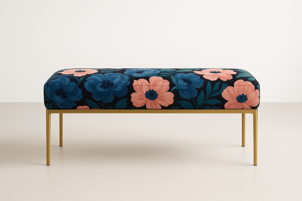 Banc fleurs en tissu polyester et structure en métal doré L125xP40xH45 cm-Verdaflora
