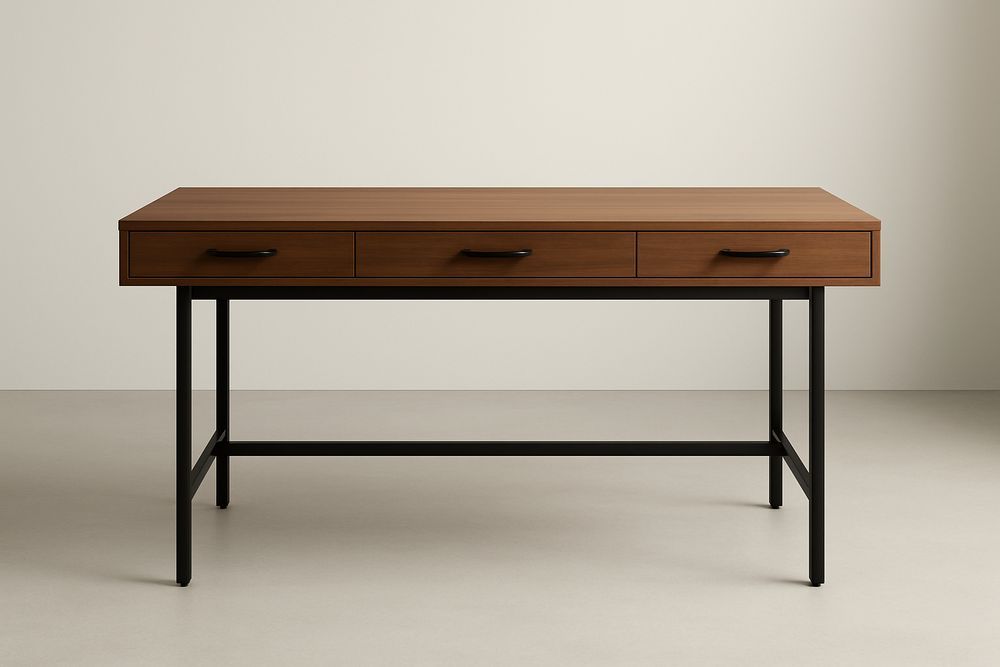 Bureau en Bois de Noyer avec Piètement en Métal et 3 Tiroirs Marron-Verdaflora