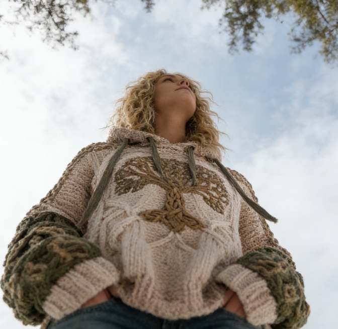 🌿 Ručne pletený sveter s motívom stromu — teplo inšpirované prírodou, jedinečný štýl 🌿