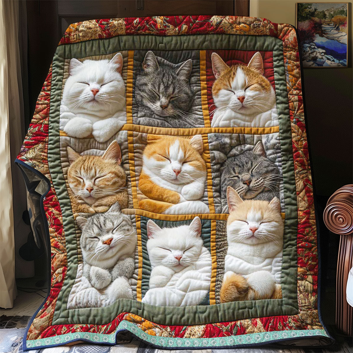 Blanket with 9 Sleeping Royal Cats Printed on It
