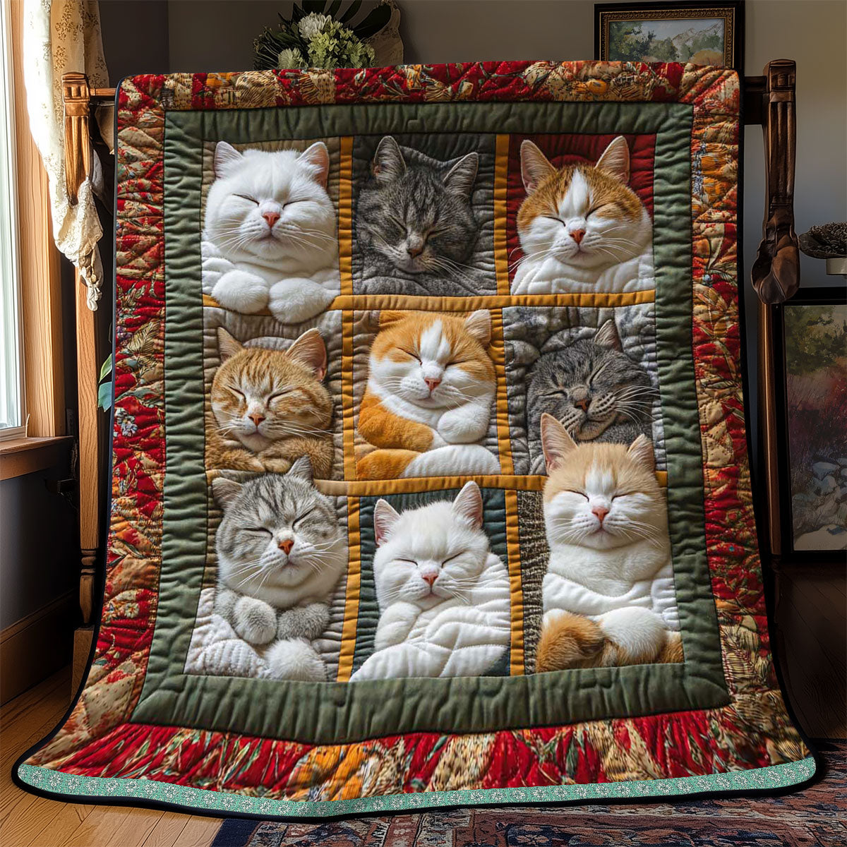 Blanket with 9 Sleeping Royal Cats Printed on It