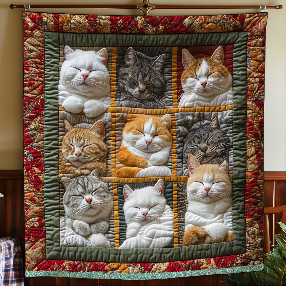 Blanket with 9 Sleeping Royal Cats Printed on It