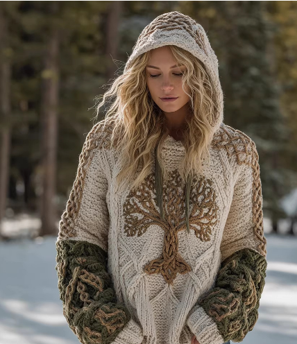 🌿 Ръчно плетен пуловер с мотив на дърво — топлина от природата, уникален стил 🌿