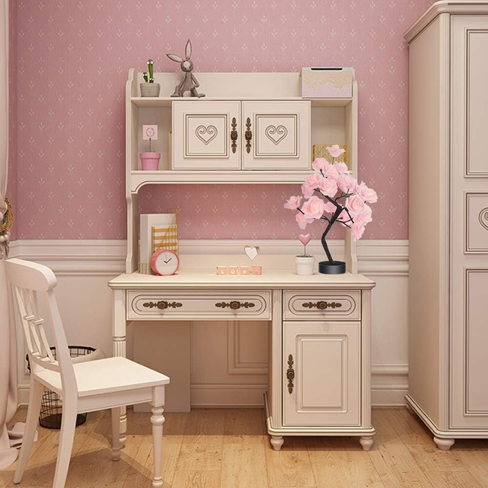 Růžová květinová lampa ve tvaru růžového stromu – roztomilá dekorace do pokoje, ložnice i obývacího pokoje