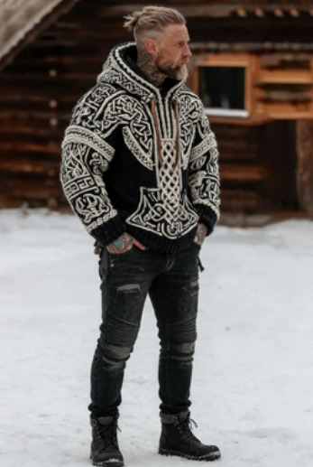 🧥Pánsky pletený sveter s kapucňou a zipsom s vikingským a keltským motívom