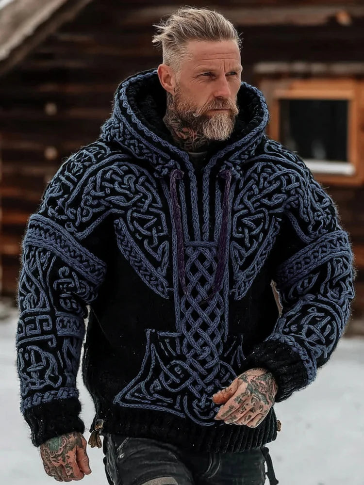 🧥Pánsky pletený sveter s kapucňou a zipsom s vikingským a keltským motívom
