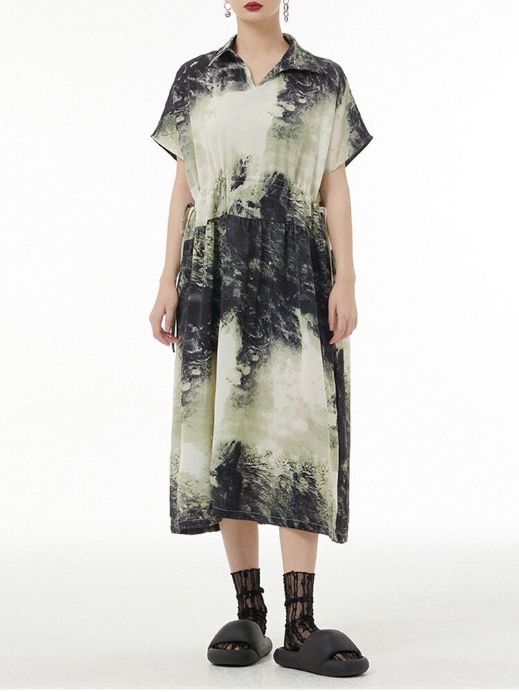 Print Casual Dress Women Korea Summer New Arrival Personality Fashion Loose Turn-down Collar Short Sleeve Dress