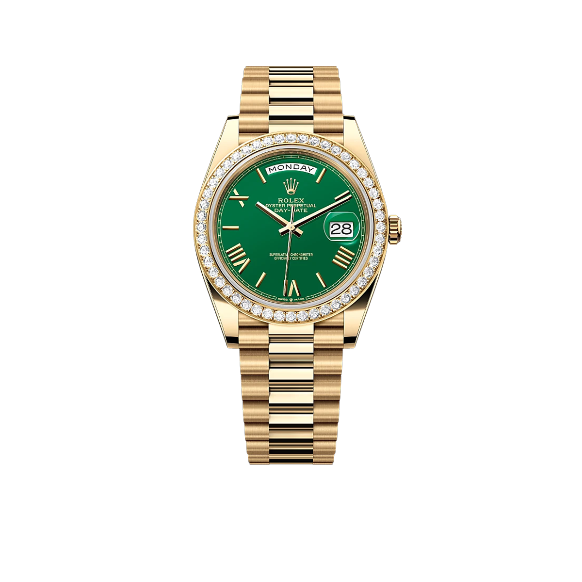 Rolex Day-Date 40 Yellow Gold Green Roman Numeral Dial Diamond Bezel M228348RBR-0040