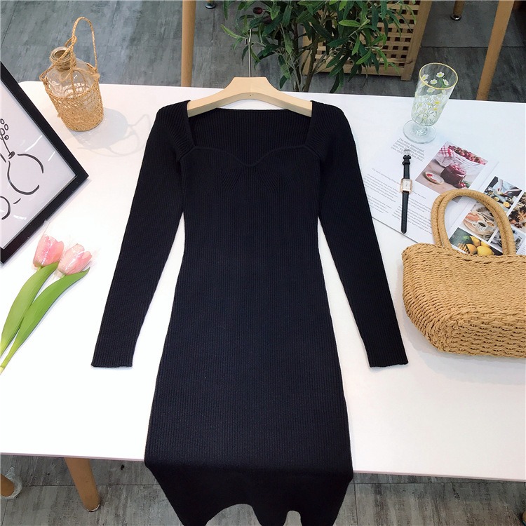 Vintage Knitting Midi Dress For Women Square Collar Long Sleeve High Waist Solid Minimalist Dresses