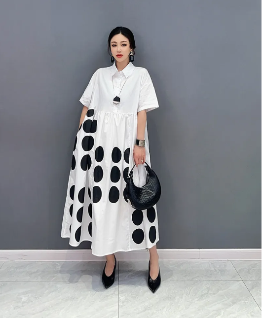 Casual Loose Female Shirt Dress Fashion Irregular Dot Contrast Color Print Women Summer Simplicity New Dress
