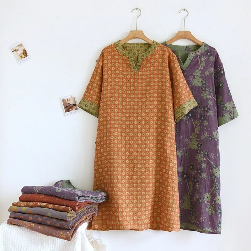 Women Nightgown Cotton Short Sleeve Vintage Yarn Dyed Print Nightwear Women's Pajamas Home Clothe Dressing Gown Loose Nightdress
