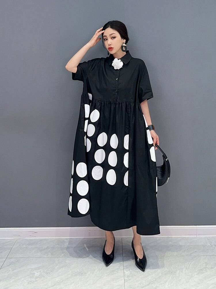 Casual Loose Female Shirt Dress Fashion Irregular Dot Contrast Color Print Women Summer Simplicity New Dress