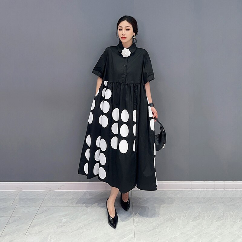 Casual Loose Female Shirt Dress Fashion Irregular Dot Contrast Color Print Women Summer Simplicity New Dress