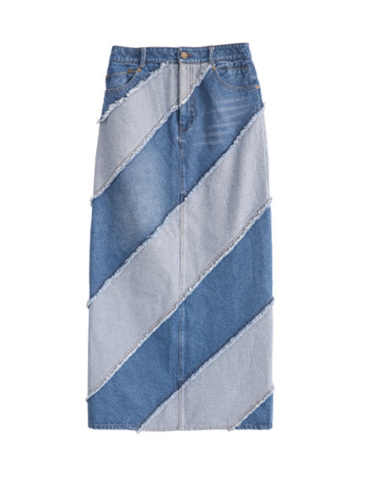 Women's Denim Skirt High Waist Diagonal Patchwork Contrast Color Asymmetric Long Skirts