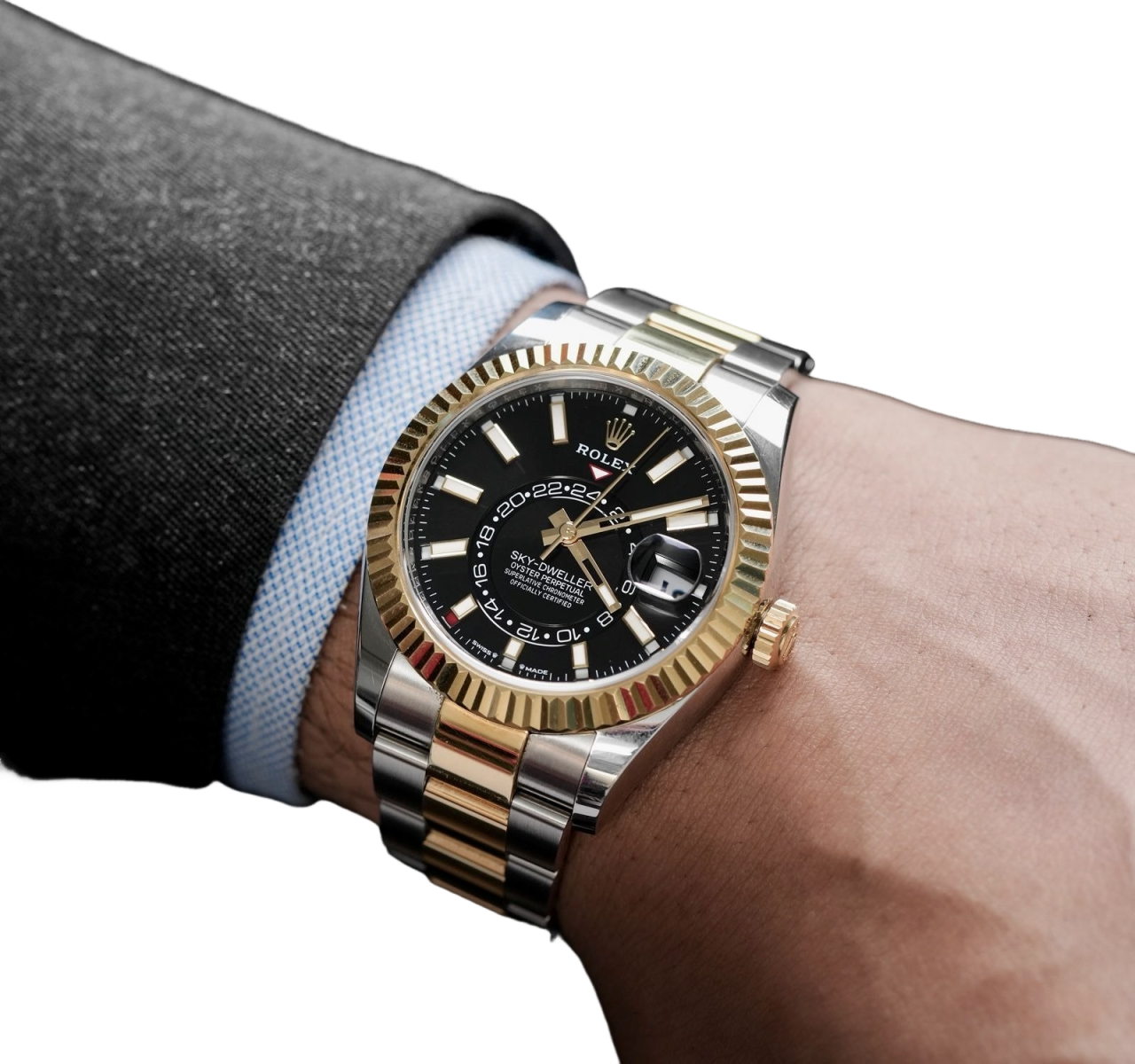 Rolex Sky Dweller 42mm Yellow Gold Steel Black Dial Mens Watch 326933