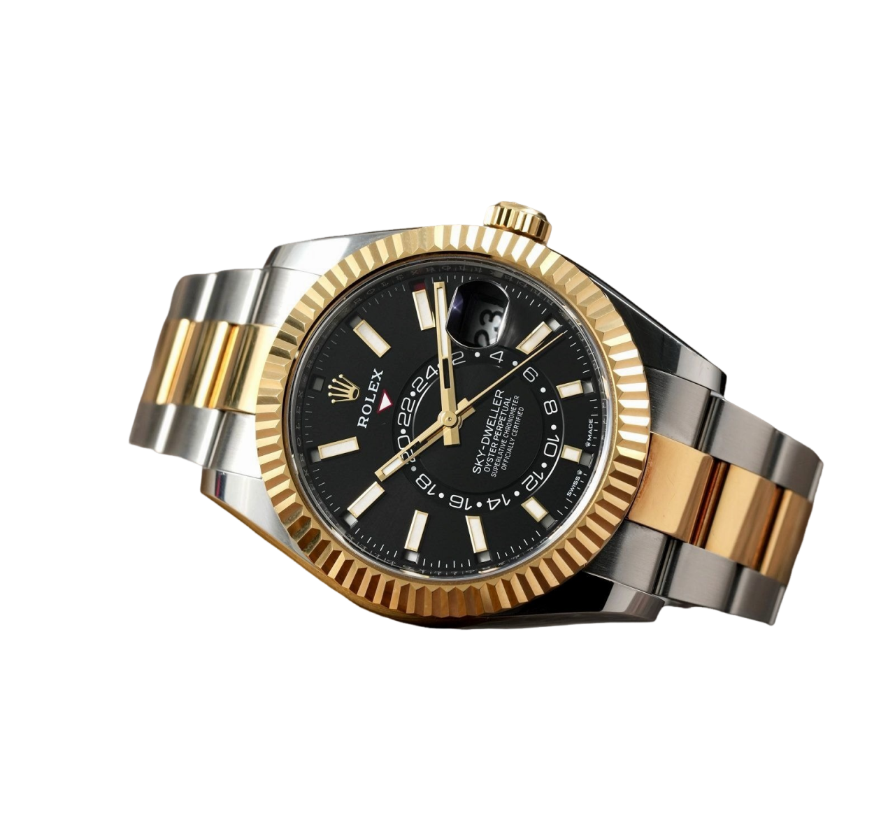 Rolex Sky Dweller 42mm Yellow Gold Steel Black Dial Mens Watch 326933