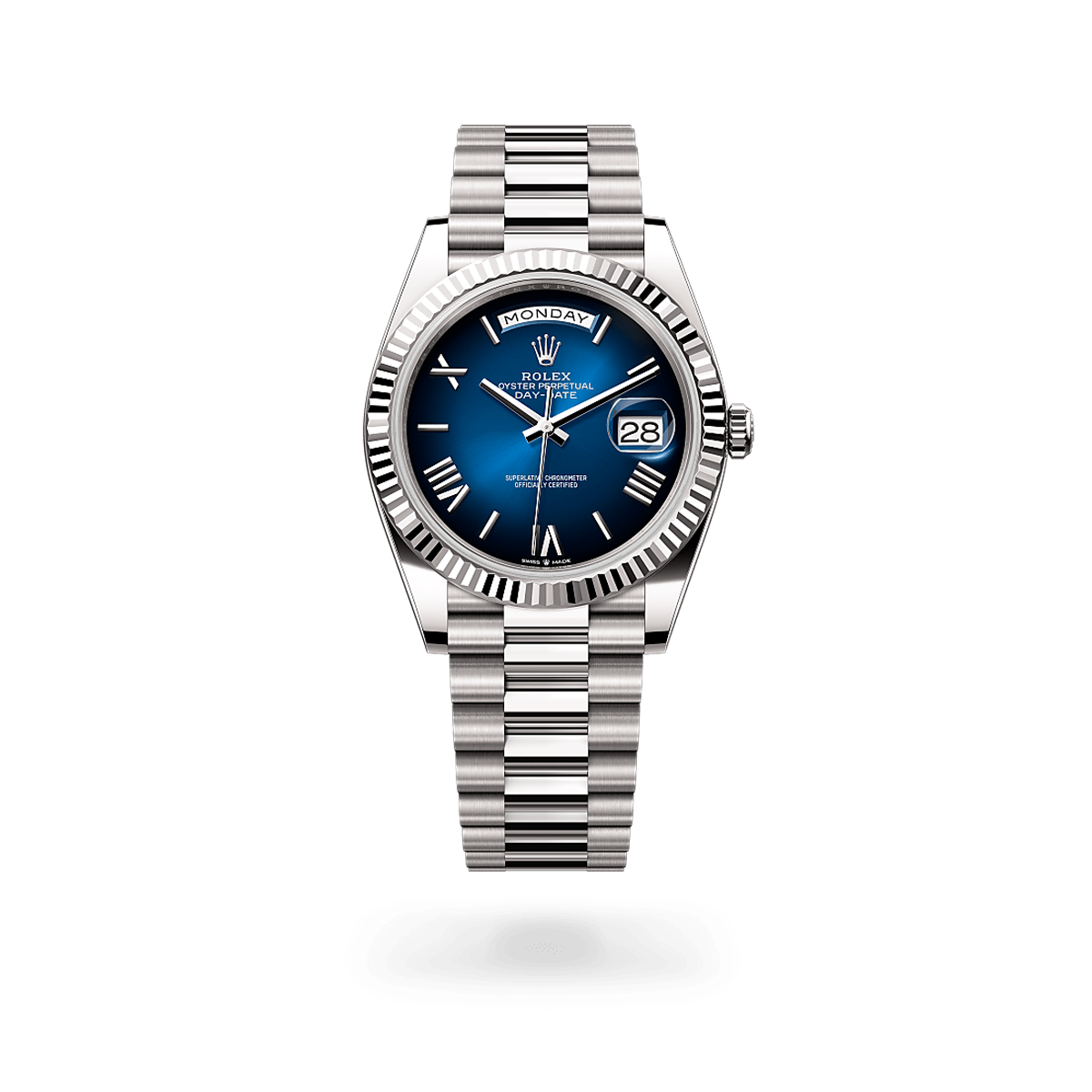 Rolex Day-date Oyster Perpetual 40mm White Gold Blue Ombré Dial, Fluted bezel M228239-0076