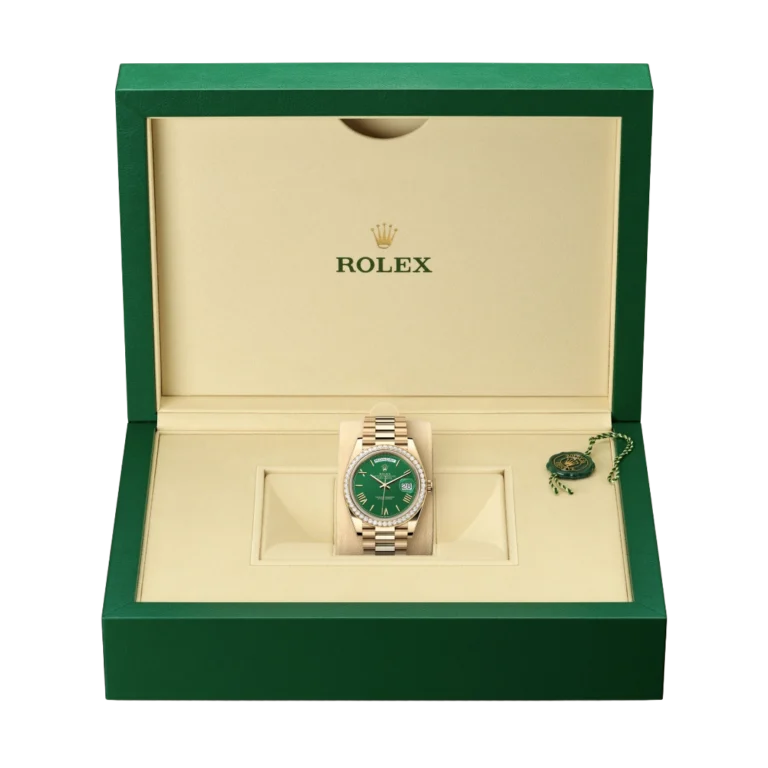 Rolex Day-Date 40 Yellow Gold Green Roman Numeral Dial Diamond Bezel M228348RBR-0040