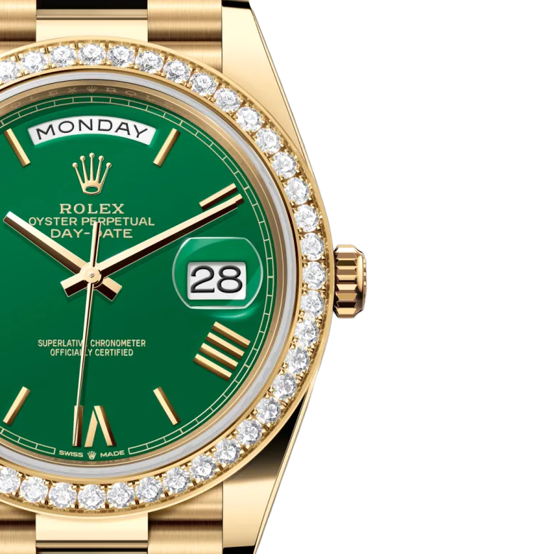 Rolex Day-Date 40 Yellow Gold Green Roman Numeral Dial Diamond Bezel M228348RBR-0040