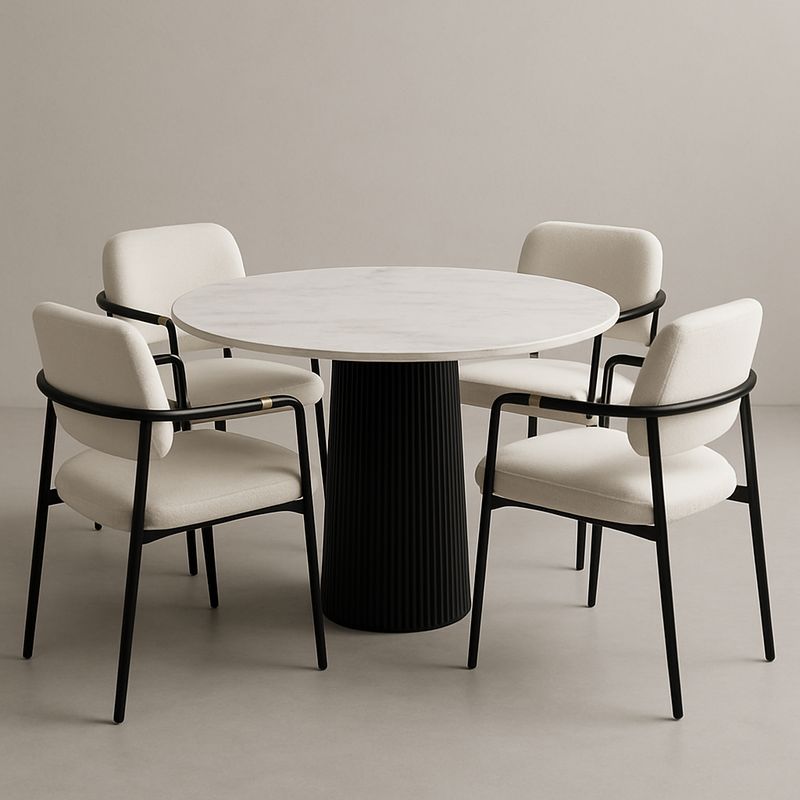 Table ronde en marbre et 4 chaises en acier et tissu blanc-Havenoviva